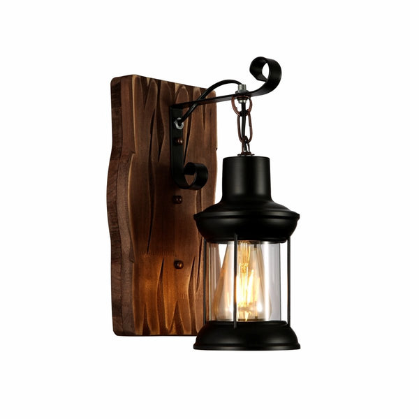 Farmhouse Rustic Iron and Wood Glass Cylinder Wall Light E27