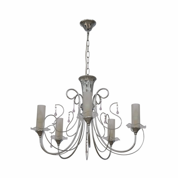 Opal Cylinder Glass Chrome Candle Metal Arm Ceiling Chandelier Light E14