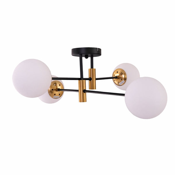 Opal Clear Amber Glass Globe Gold and Black Metal Semi Flush Ceiling Light E27