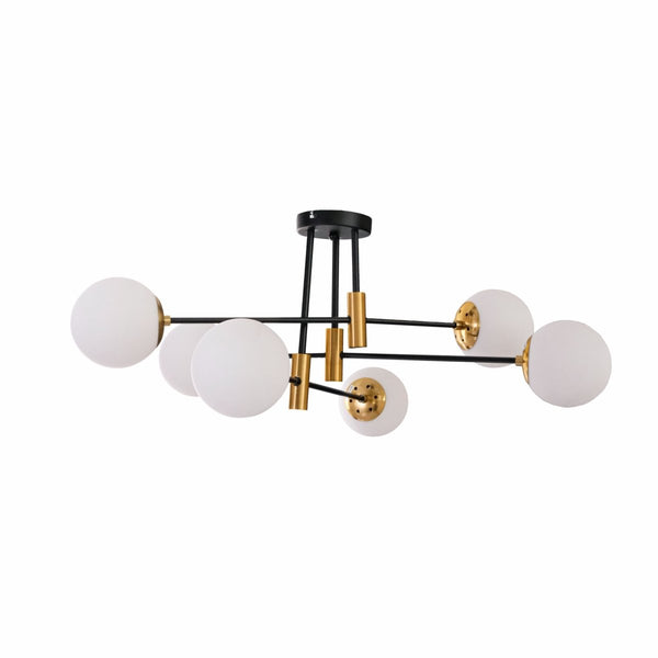 Opal Clear Amber Glass Globe Gold and Black Metal Semi Flush Ceiling Light E27