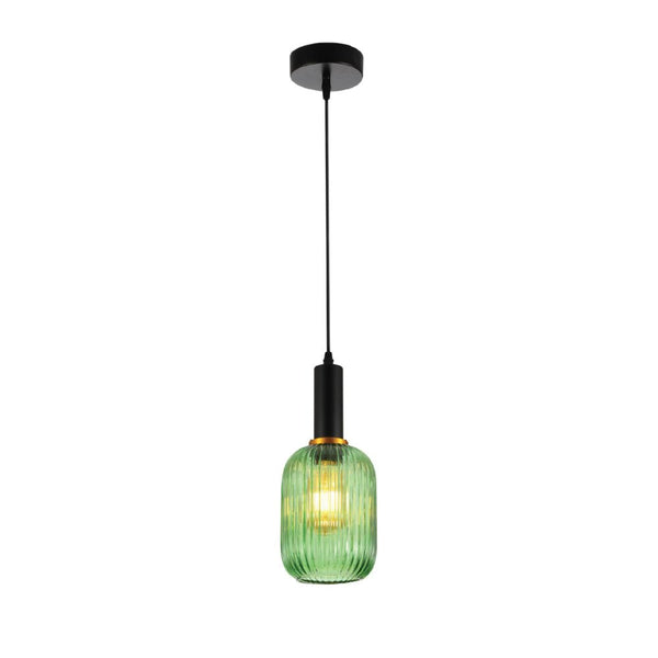 Sawyer Ribbed Fluted Reeded Maloto Lantern Green Glass Pendant Ceiling Light E27 Black Metal Top