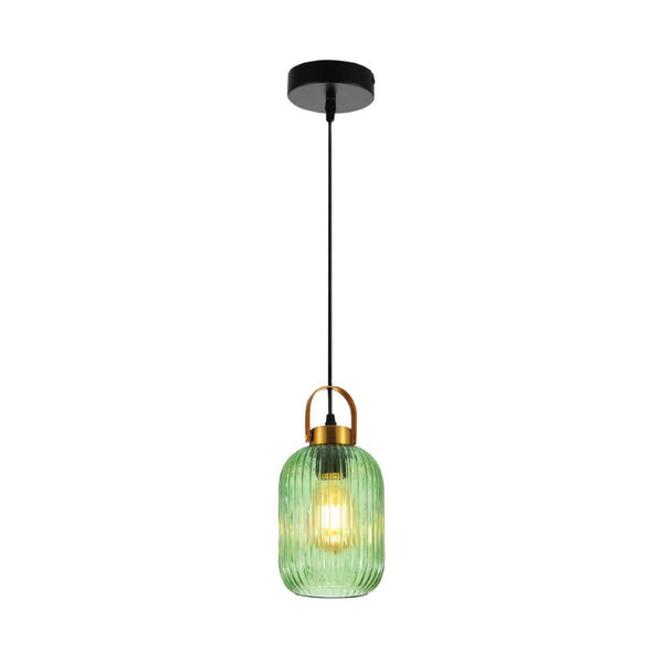 Sawyer Ribbed Fluted Reeded Maloto Lantern Green Glass Pendant Ceiling Light E27 Gold Handled