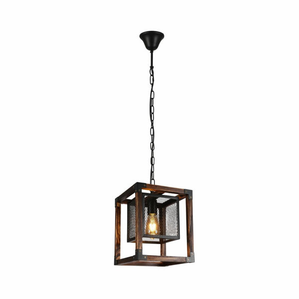 Wood Cube Black Cage Lantern Rustic Pendant Ceiling Light E27