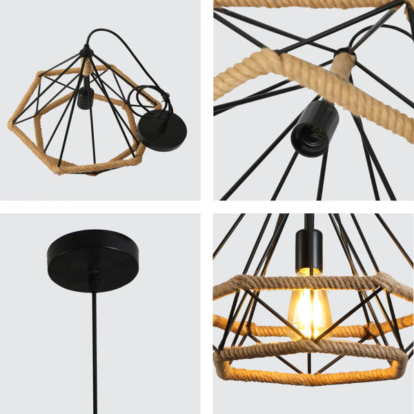 Manila Hemp Rope Diamond Pendant Light Black E27