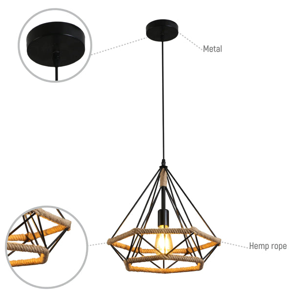 Manila Hemp Rope Diamond Pendant Light Black E27
