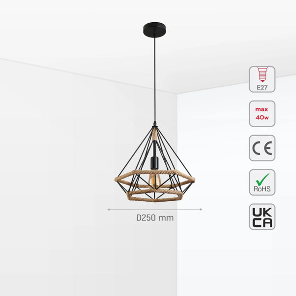 Manila Hemp Rope Diamond Pendant Light Black E27