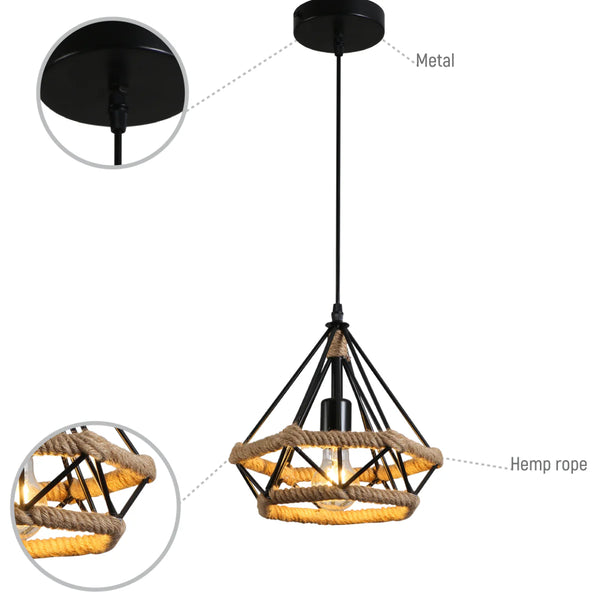 Manila Hemp Rope Diamond Pendant Light Black E27