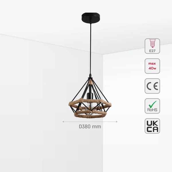 Manila Hemp Rope Diamond Pendant Light Black E27