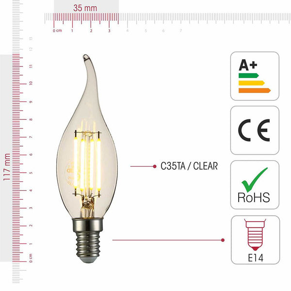 TEKLED
LED Filament C35 Candle Bulb E14 Small Edison Screw 4W - Flame Tip / 2700K Warm White / Pack of 6 or 10.