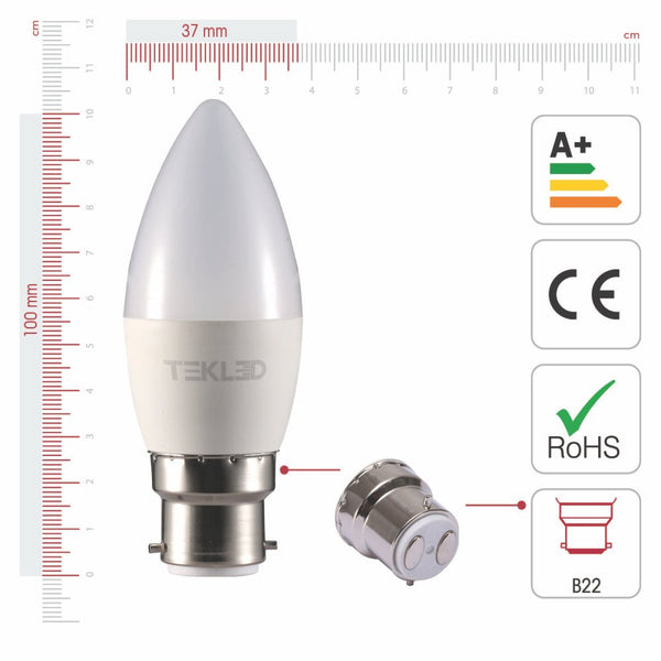 TEKLED
Cetus LED Candle Bulb C37 B22 Bayonet Cap 6W - 2700K Warm White / Pack of 6 or 10