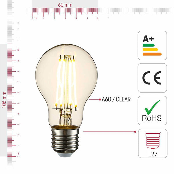 LED Dimmable Filament A60 GLS Bulb E27 Edison Screw 6.5W Warm White 2700K