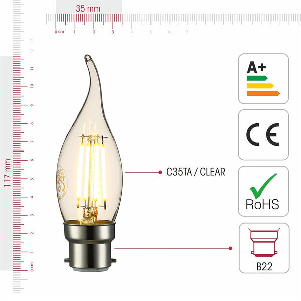 LED Dimmable Filament C35 Candle Bulb B22 Bayonet Cap 4W Warm White 2700K