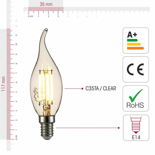 LED Dimmable Filament C35 Candle Bulb E14 Small Edison Screw 4W Warm White 2700K