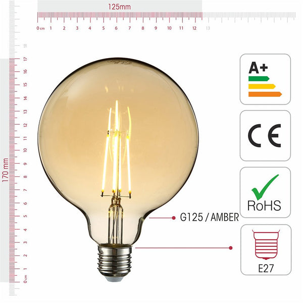 LED Dimmable Filament Globe Bulb E27 Edison Screw 6.5W Pack of 2 Warm White 2400K