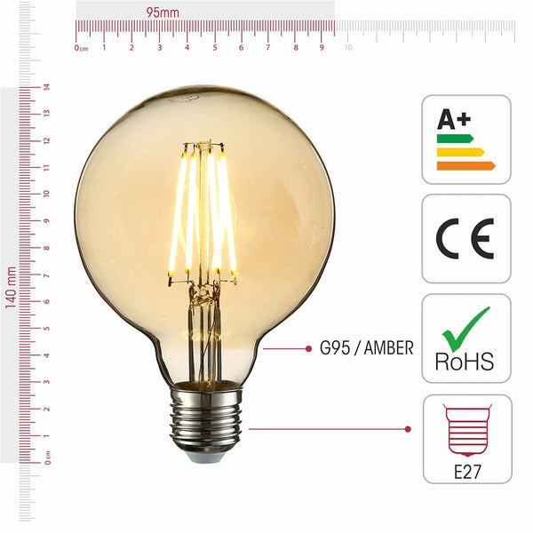 LED Dimmable Filament Globe Bulb E27 Edison Screw 6.5W Pack of 2 Warm White 2400K