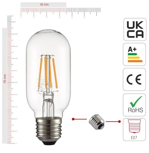 LED Filament T45 T30 Tubular Bulb E27 Edison Screw 4W Pack of 4 Warm White