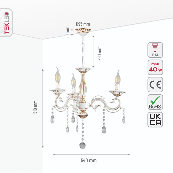 Traditional French Vintage Retro Candle Metal and Crystal Gold Aged Cream Arm Chandelier Ceiling Light E14