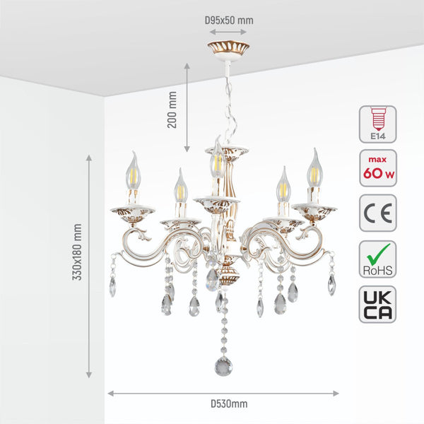 Traditional French Vintage Retro Candle Metal and Crystal Gold Aged Cream Arm Chandelier Ceiling Light E14