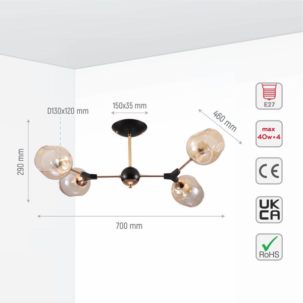 Amber Bell Glass Sputnik Gold Semi Flush Ceiling Light E27