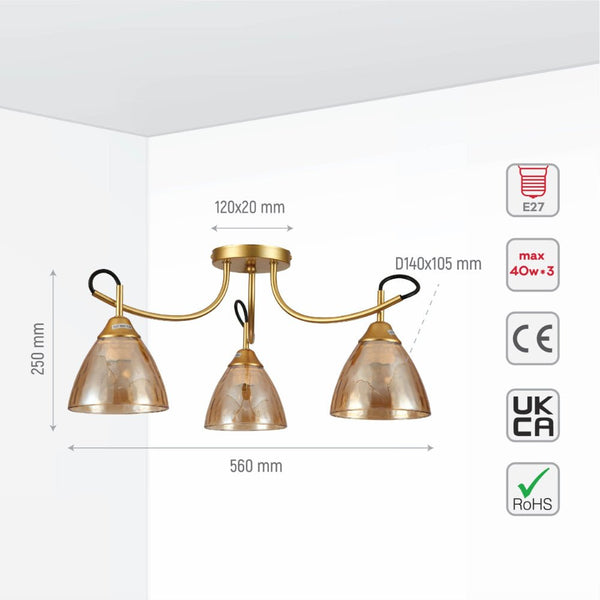 Amber Cone Glass Gold Semi Flush Ceiling Light E27