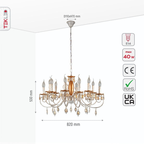 Amber Crystal Gold and White Metal Arm Ceiling Chandelier Light E14