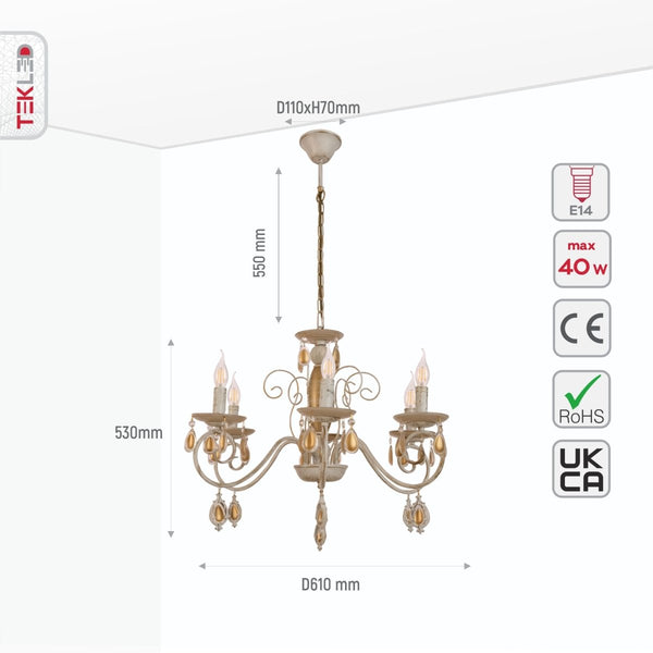 Amber Crystal Gold and White Metal Arm Ceiling Chandelier Light E14