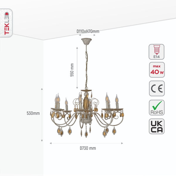 Amber Crystal Gold and White Metal Arm Ceiling Chandelier Light E14