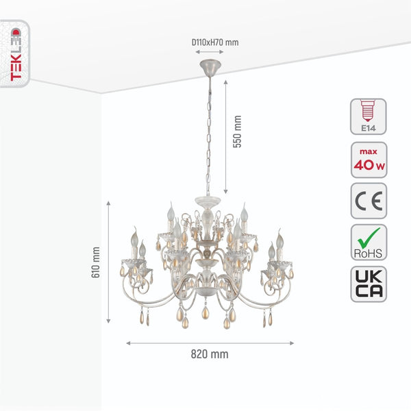 Amber Crystals Rice White with Gold Brushed Metal Arm Ceiling Chandelier Light E14