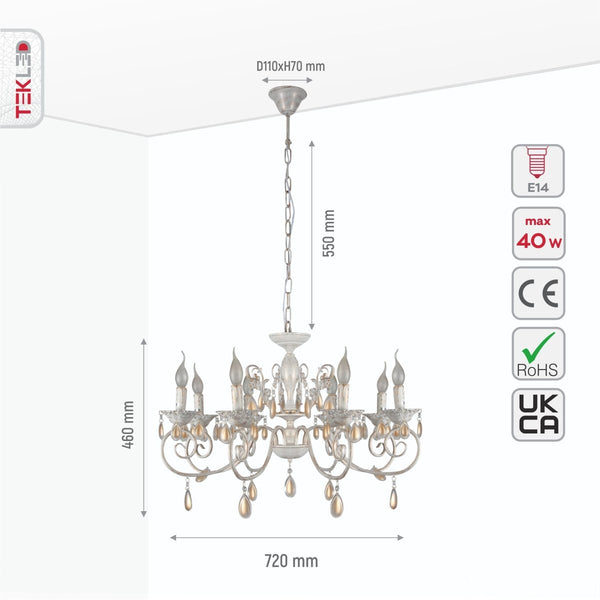 Amber Crystals Rice White with Gold Brushed Metal Arm Ceiling Chandelier Light E14