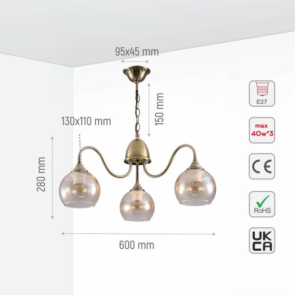 Amber Dome Glass Antique Brass Swan Chandelier Ceiling Light