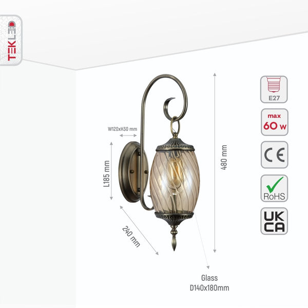 Amber Glass Antique Bronze Metal Body Moroccan Style Wall Lamp E27 Fitting