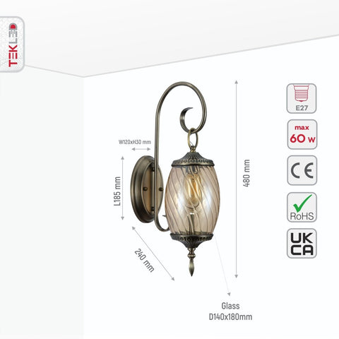 Amber Glass Antique Bronze Metal Body Moroccan Style Wall Lamp E27 Fitting