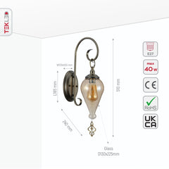 Amber Glass Antique Bronze Metal Body Moroccan Style Wall Light E27 Fitting