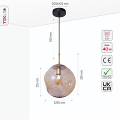 Amber or Smoky Glass Crater Pendant Ceiling Light E27