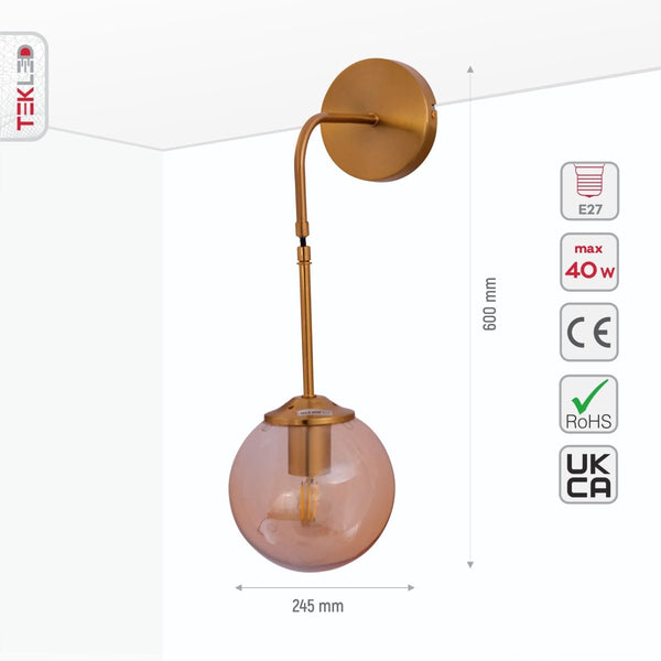 Amber Glass Gold Metal Pendant Wall Light E27 Fitting
