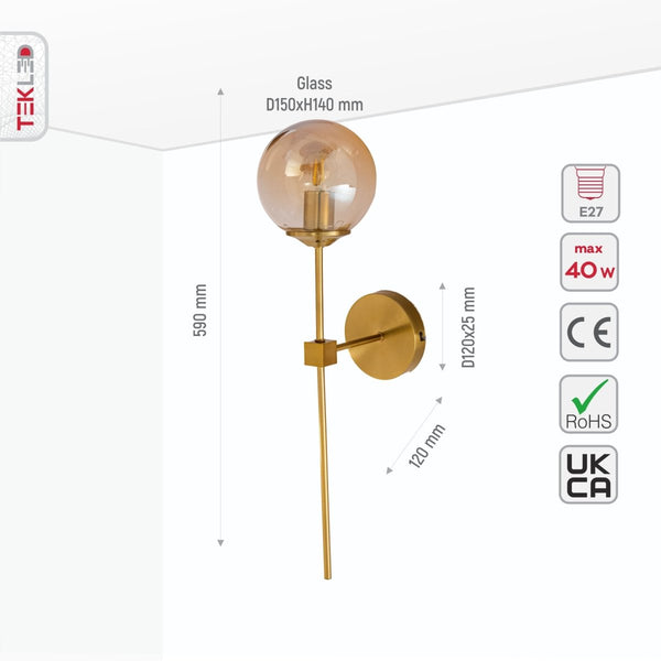 Amber Glass Gold Metal Wall Light L E27 Fitting