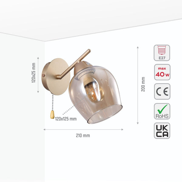 Amber Glass Metallic Gold Branch Twig Modern Wall Light E27 Fitting and Pull Down Switch