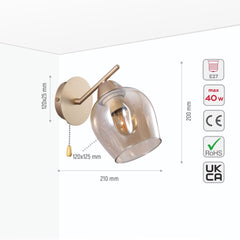 Amber Glass Metallic Gold Branch Twig Modern Wall Light E27 Fitting and Pull Down Switch