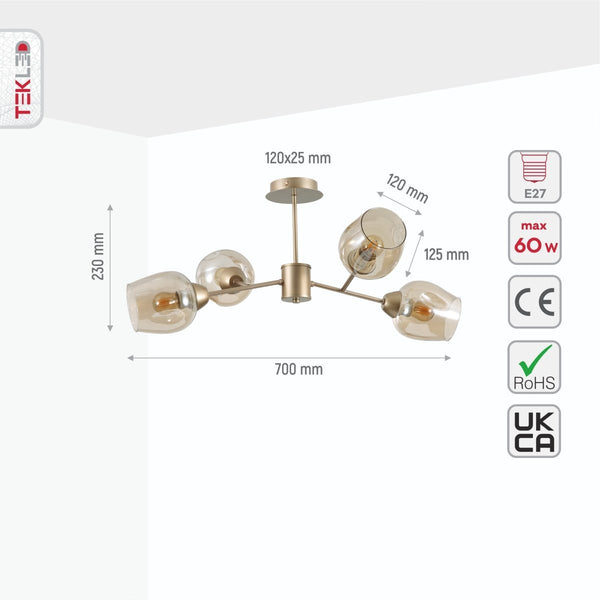 Amber Glass Metallic Gold Branch Twig Semi Flush Modern Ceiling Light E27