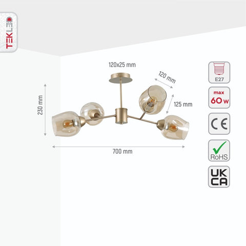Amber Glass Metallic Gold Branch Twig Semi Flush Modern Ceiling Light E27
