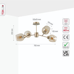 Amber Glass Metallic Gold Branch Twig Semi Flush Modern Ceiling Light E27