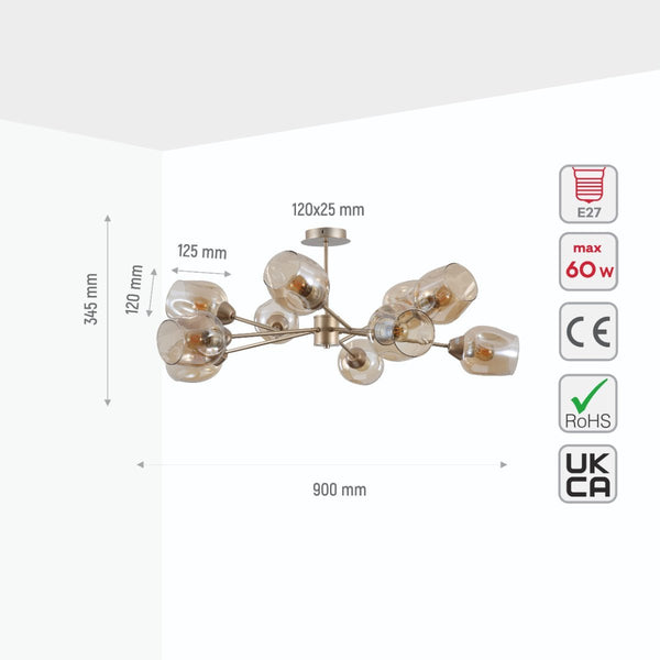 Amber Glass Metallic Gold Branch Twig Semi Flush Modern Ceiling Light E27