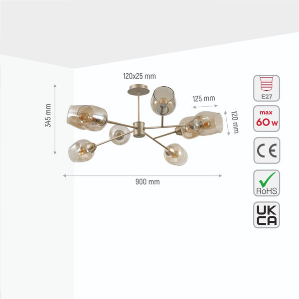 Amber Glass Metallic Gold Branch Twig Semi Flush Modern Ceiling Light E27