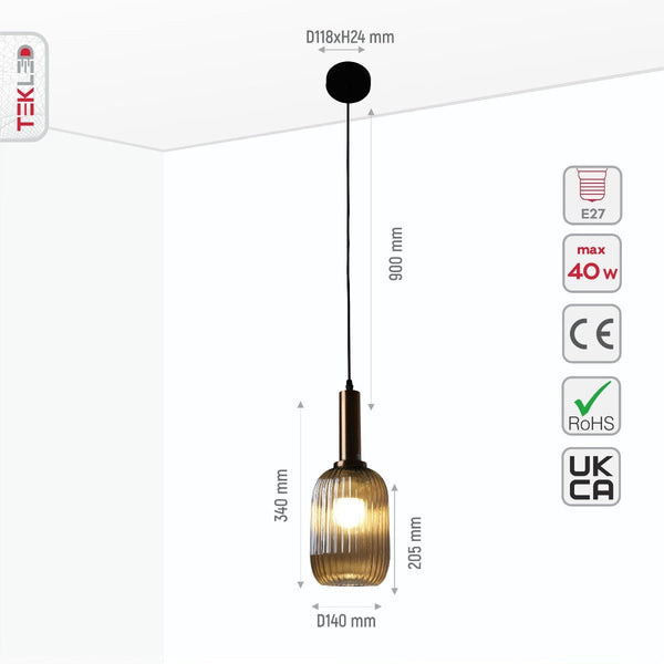 Sawyer Ribbed Fluted Reeded Maloto Lantern Amber Glass Pendant Ceiling Light E27 Gold Bronze Top