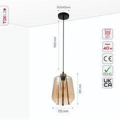 Amber or Smoky Glass Schoolhouse Pendant Ceiling Light L E27