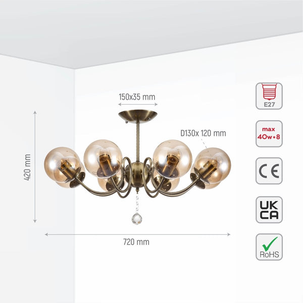 Amber Globe Glass Antique Brass Metal Body Vintage Retro Crystal Ceiling Light E27 Fittings