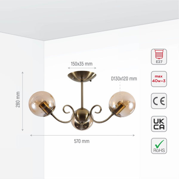 Amber Globe Glass Antique Brass Metal Body Vintage Retro Crystal Ceiling Light E27 Fittings