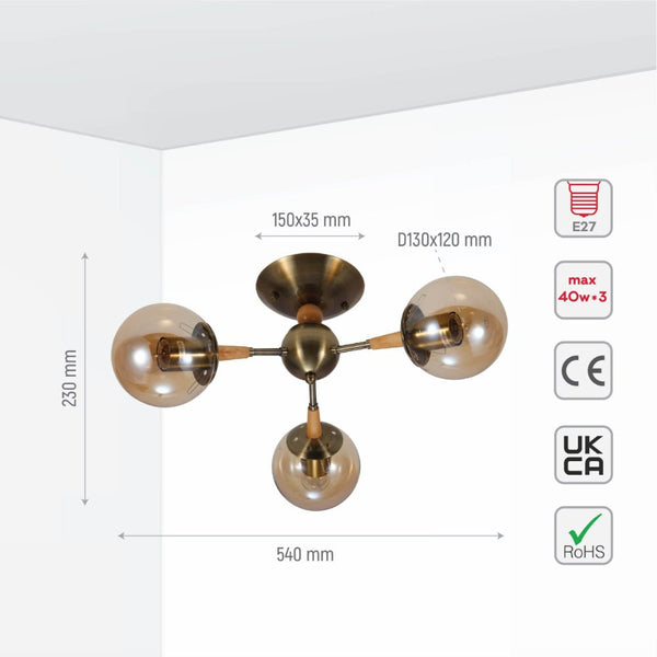 Amber Globe Glass Antique Brass Metal Wood Body Vintage Retro Molecule Ceiling Light E27 Fittings