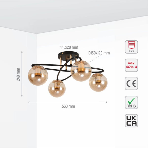 Amber Globe Glass Black Ellipse Metal Modern Semi Flush Ceiling Light E27