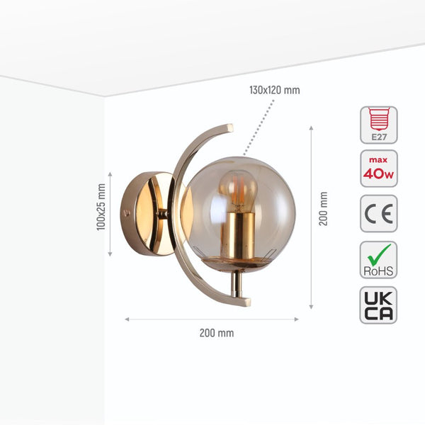 Globe Glass Gold Chrome Crescent Metal Modern Wall Light E27